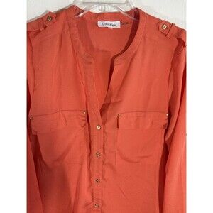 Calvin Klein Women’s Roll Tab Sleeve Blouse Orange Large Gold Buttons Pockets